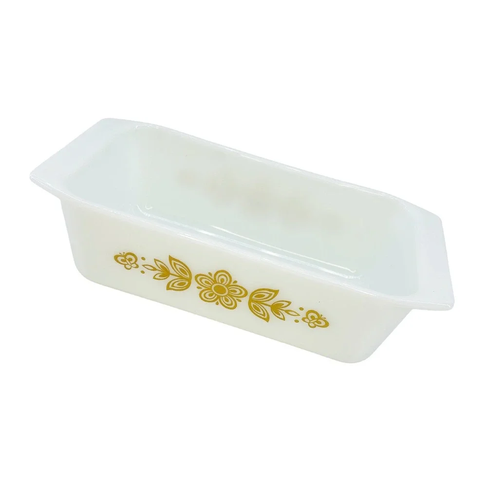 VINTAGE PYREX 913 Loaf Pan • Butterfly gold, white • 8.5